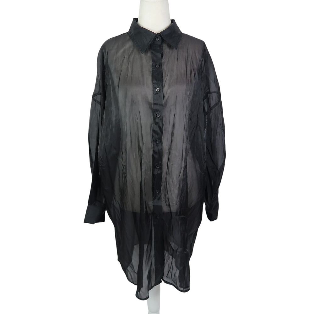 JLUXLABEL Black Sheer Button-Down Tunic Top Blouse Small